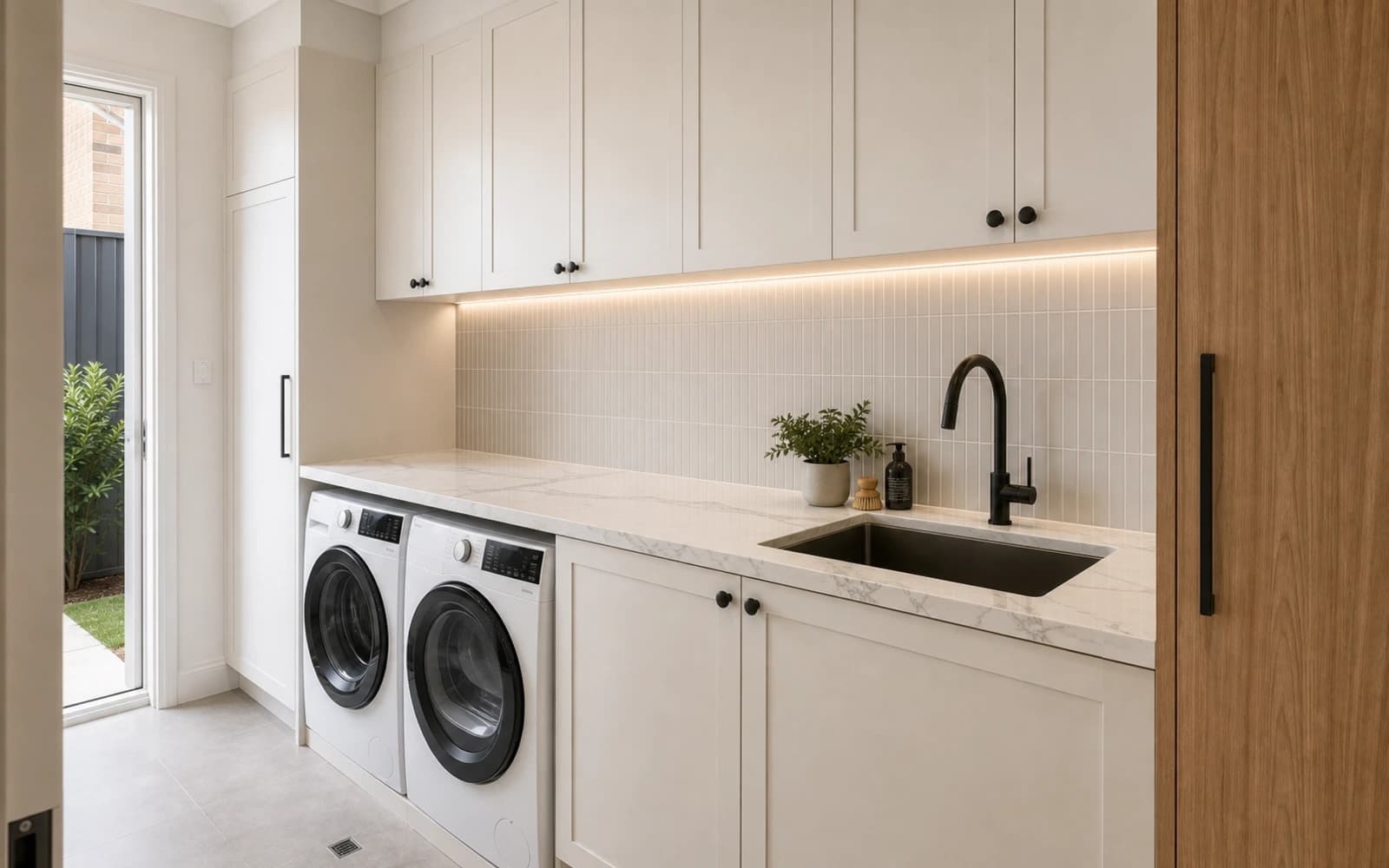 White shaker laundry with a marble-look benchtop, finger-tile splashback, side-by-side washer and dryer and a black undermount sink